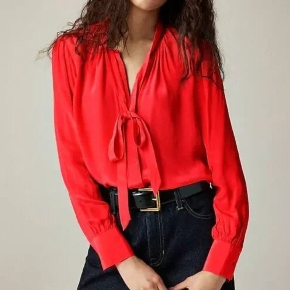 J.Crew Tie Neck Button Up Blouse Size 6 Red Crepe De Chine Long Sleeve Top NWT
